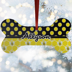 Honeycomb, Bees & Polka Dots Ceramic Dog Ornament w/ Name or Text