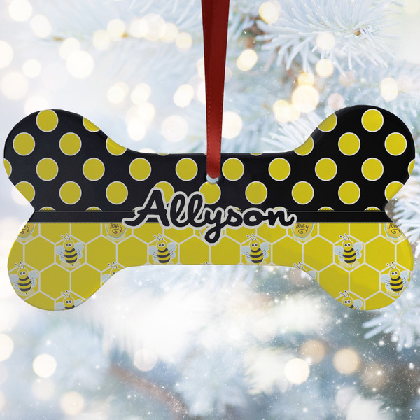 Custom Honeycomb, Bees & Polka Dots Ceramic Dog Ornament w/ Name or Text