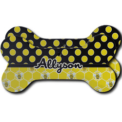 Honeycomb, Bees & Polka Dots Ceramic Dog Ornament - Front & Back w/ Name or Text