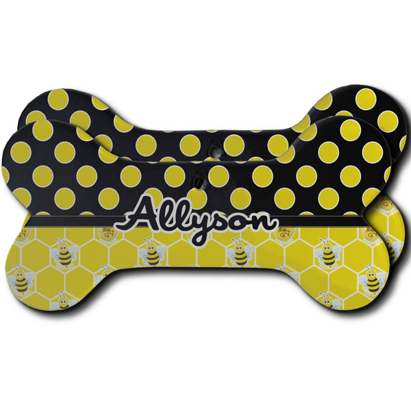 Custom Honeycomb, Bees & Polka Dots Ceramic Dog Ornament - Front & Back w/ Name or Text