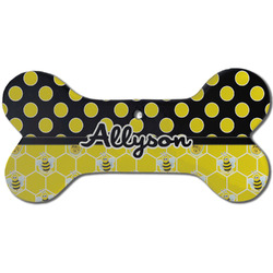 Honeycomb, Bees & Polka Dots Ceramic Dog Ornament - Front w/ Name or Text