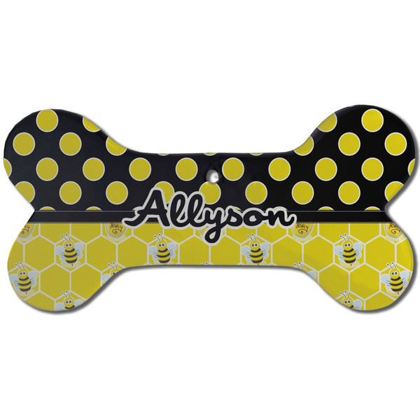 Custom Honeycomb, Bees & Polka Dots Ceramic Dog Ornament - Front w/ Name or Text