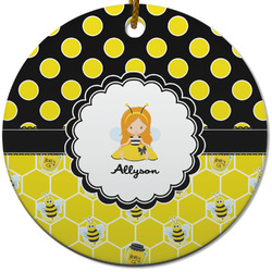 Honeycomb, Bees & Polka Dots Round Ceramic Ornament w/ Name or Text
