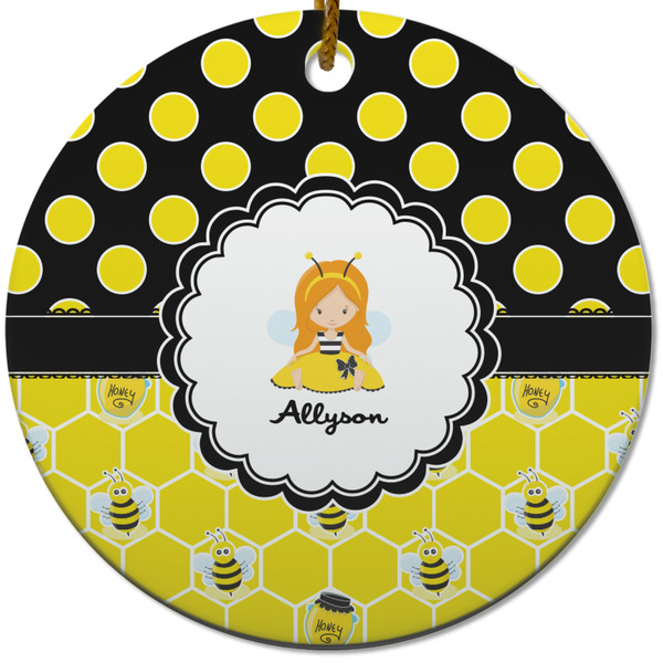 Custom Honeycomb, Bees & Polka Dots Round Ceramic Ornament w/ Name or Text