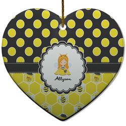Honeycomb, Bees & Polka Dots Heart Ceramic Ornament w/ Name or Text