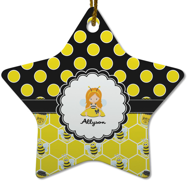 Custom Honeycomb, Bees & Polka Dots Star Ceramic Ornament w/ Name or Text