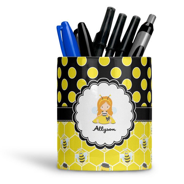 Custom Honeycomb, Bees & Polka Dots Ceramic Pen Holder