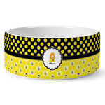 Honeycomb, Bees & Polka Dots Ceramic Dog Bowl - Large (Personalized)