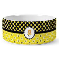 Honeycomb, Bees & Polka Dots Ceramic Dog Bowl - Medium (Personalized)