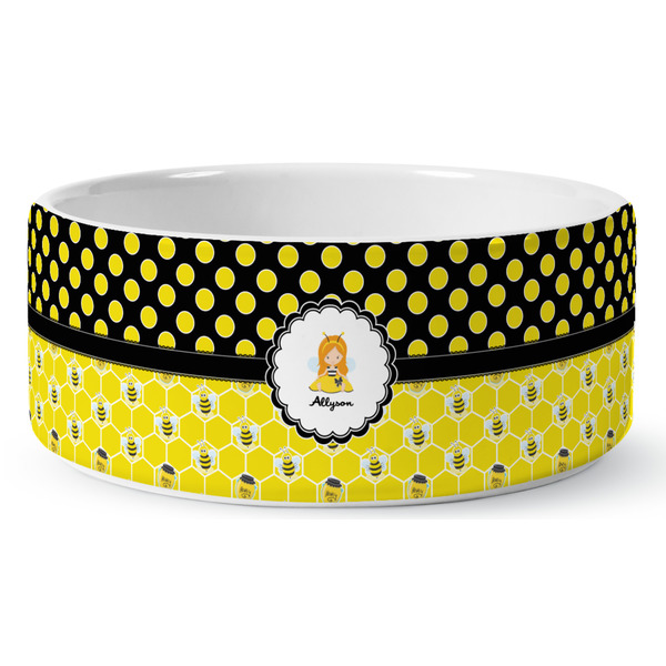 Custom Honeycomb, Bees & Polka Dots Ceramic Dog Bowl - Medium (Personalized)