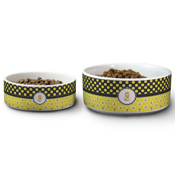 Honeycomb, Bees & Polka Dots Ceramic Dog Bowls - Size Comparison