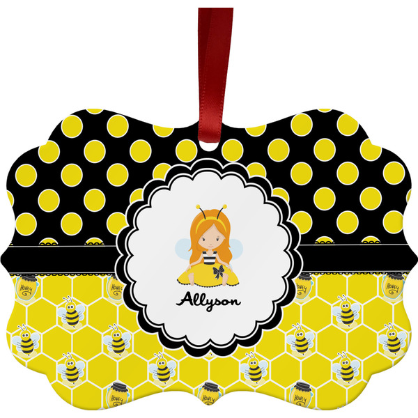 Custom Honeycomb, Bees & Polka Dots Metal Frame Ornament - Double Sided w/ Name or Text