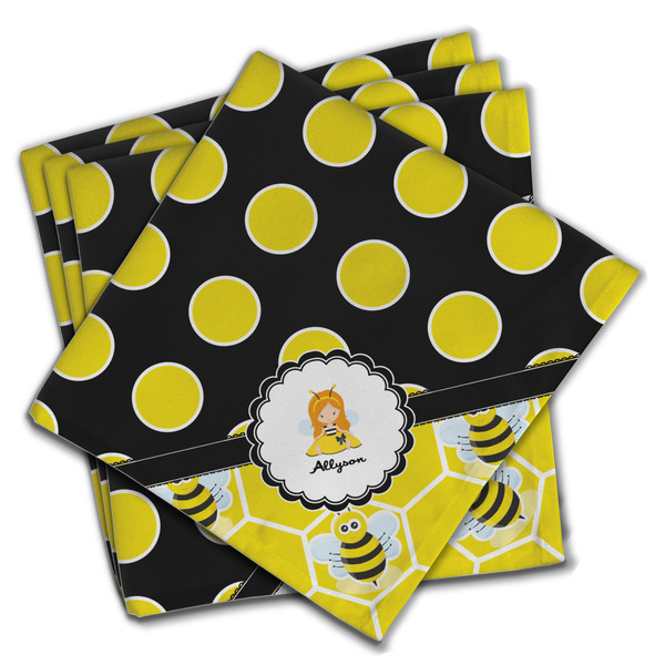 Custom Honeycomb, Bees & Polka Dots Cloth Napkins (Set of 4) (Personalized)