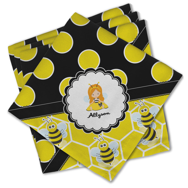 Custom Honeycomb, Bees & Polka Dots Cloth Cocktail Napkins - Set of 4 w/ Name or Text