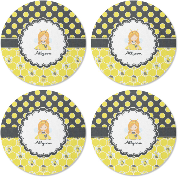 Honeycomb, Bees & Polka Dots Coaster Round Rubber Back - Apvl