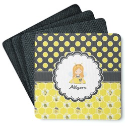 Honeycomb, Bees & Polka Dots Square Rubber Backed Coasters - Set of 4 (Personalized)