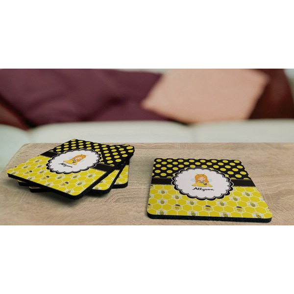 Honeycomb, Bees & Polka Dots Coaster Rubber Back - On Coffee Table
