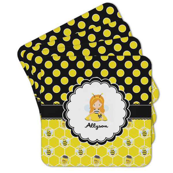 Custom Honeycomb, Bees & Polka Dots Cork Coaster - Set of 4 w/ Name or Text