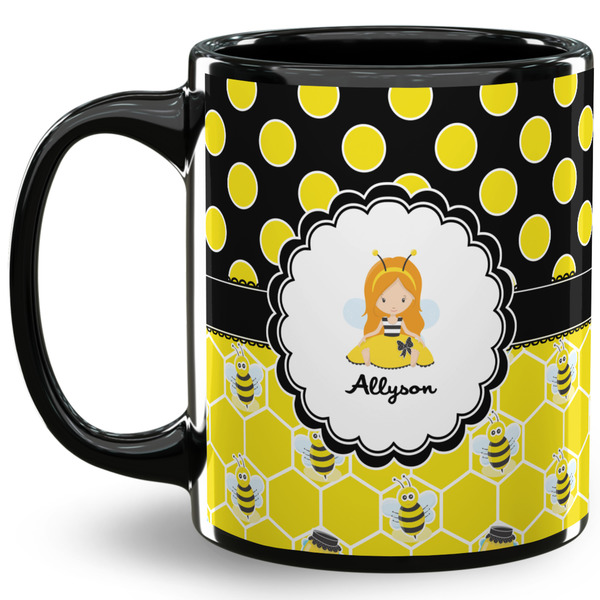 Custom Honeycomb, Bees & Polka Dots 11 Oz Coffee Mug - Black (Personalized)