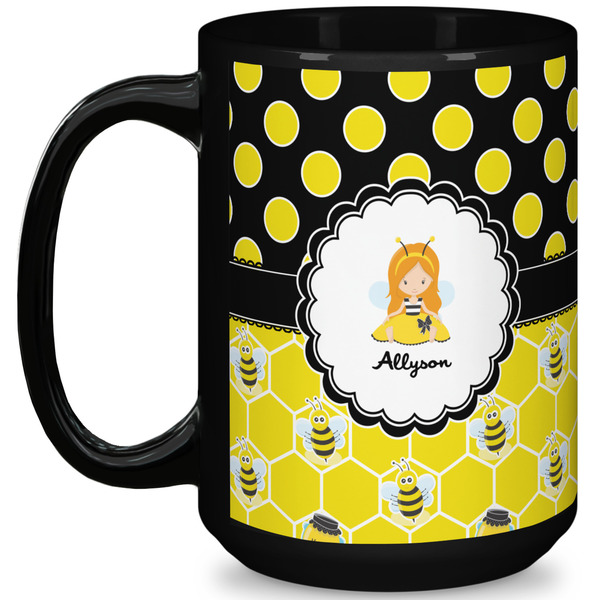 Custom Honeycomb, Bees & Polka Dots 15 Oz Coffee Mug - Black (Personalized)