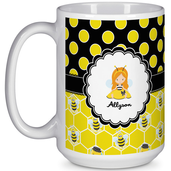 Custom Honeycomb, Bees & Polka Dots 15 Oz Coffee Mug - White (Personalized)
