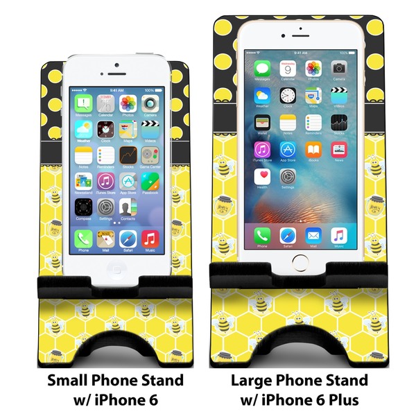 Honeycomb, Bees & Polka Dots Compare Phone Stand Sizes - with iPhones