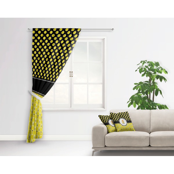 Honeycomb, Bees & Polka Dots Curtain With Window and Rod - in Room Matching Pillow