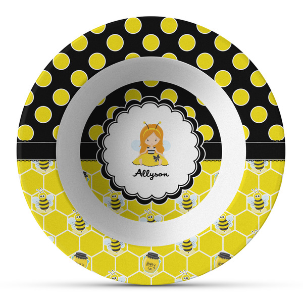 Custom Honeycomb, Bees & Polka Dots Plastic Bowl - Microwave Safe - Composite Polymer (Personalized)