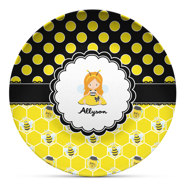 Custom Honeycomb, Bees & Polka Dots Microwave Safe Plastic Plate - Composite Polymer (Personalized)