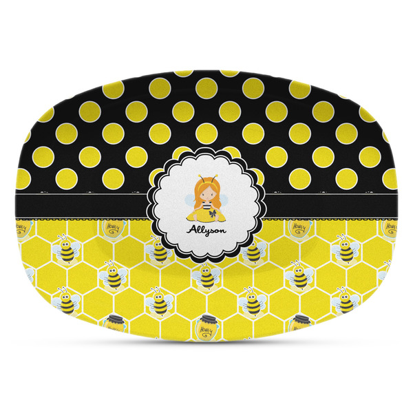 Custom Honeycomb, Bees & Polka Dots Plastic Platter - Microwave & Oven Safe Composite Polymer (Personalized)