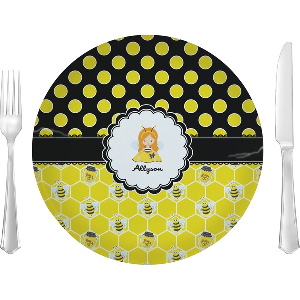 Custom Honeycomb, Bees & Polka Dots Glass Lunch / Dinner Plate 10" (Personalized)