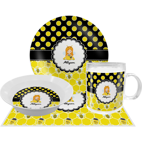 Custom Honeycomb, Bees & Polka Dots Dinner Set - Single 4 Pc Setting w/ Name or Text