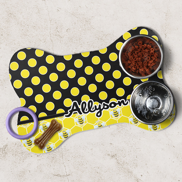 Honeycomb, Bees & Polka Dots Dog Bone Shaped Mat Lifestyle