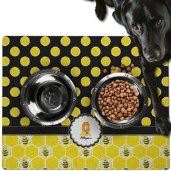 Honeycomb, Bees & Polka Dots Dog Food Mat - Large w/ Name or Text