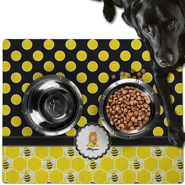 Custom Honeycomb, Bees & Polka Dots Dog Food Mat - Large w/ Name or Text