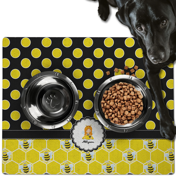 Honeycomb, Bees & Polka Dots Dog Food Mat - Large LIFESTYLE