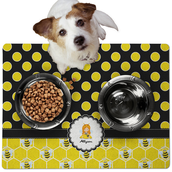 Custom Honeycomb, Bees & Polka Dots Dog Food Mat - Medium w/ Name or Text