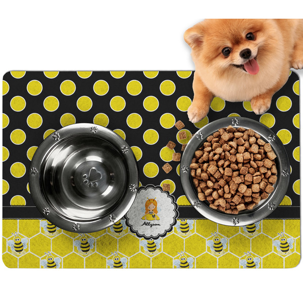 Custom Honeycomb, Bees & Polka Dots Dog Food Mat - Small w/ Name or Text