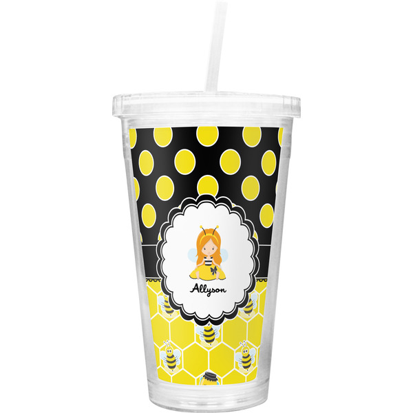 Custom Honeycomb, Bees & Polka Dots Double Wall Tumbler with Straw (Personalized)