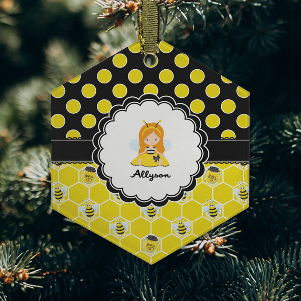 Honeycomb, Bees & Polka Dots Frosted Glass Ornament - Hexagon (Lifestyle)