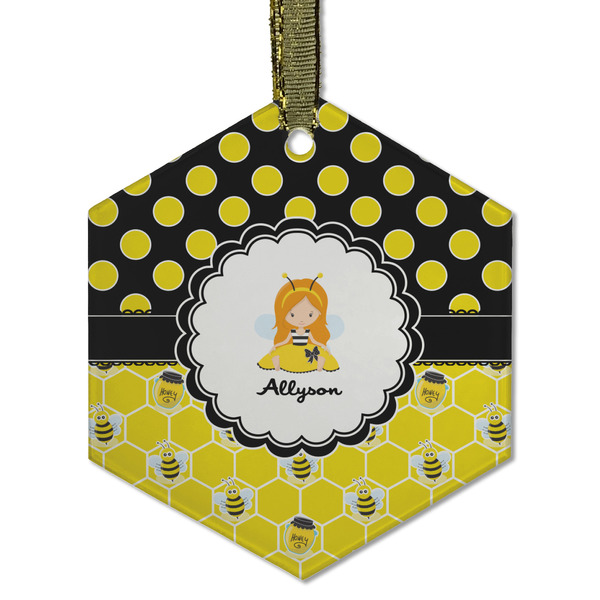 Custom Honeycomb, Bees & Polka Dots Flat Glass Ornament - Hexagon w/ Name or Text