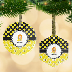 Honeycomb, Bees & Polka Dots Flat Glass Ornament w/ Name or Text