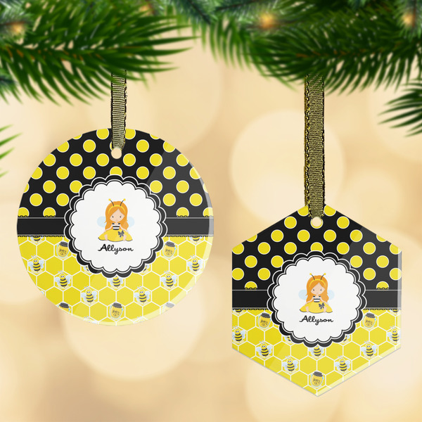 Custom Honeycomb, Bees & Polka Dots Flat Glass Ornament w/ Name or Text