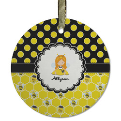 Honeycomb, Bees & Polka Dots Flat Glass Ornament - Round w/ Name or Text
