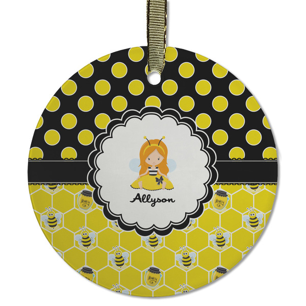 Custom Honeycomb, Bees & Polka Dots Flat Glass Ornament - Round w/ Name or Text