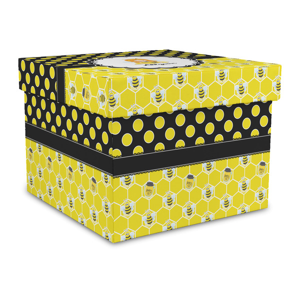 Custom Honeycomb, Bees & Polka Dots Gift Box with Lid - Canvas Wrapped - Large (Personalized)