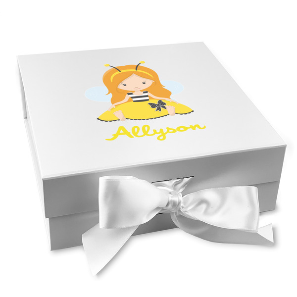 Custom Honeycomb, Bees & Polka Dots Gift Box with Magnetic Lid - White (Personalized)