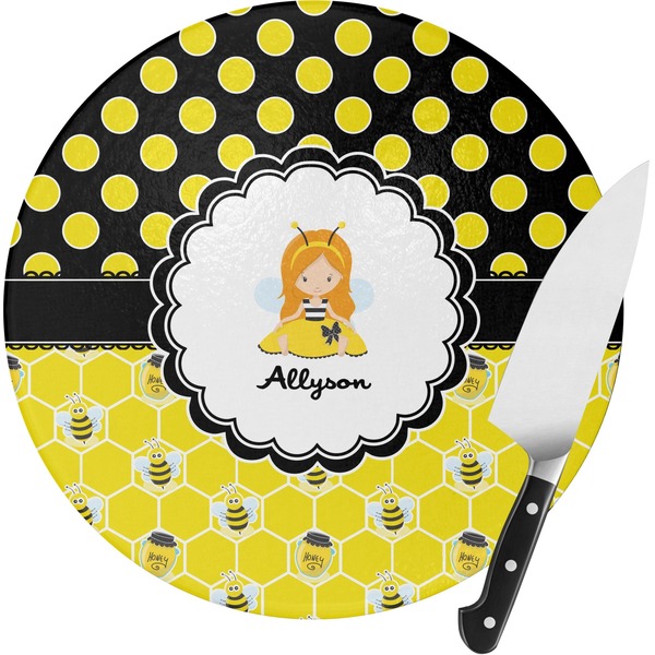 Custom Honeycomb, Bees & Polka Dots Round Glass Cutting Board - Medium (Personalized)