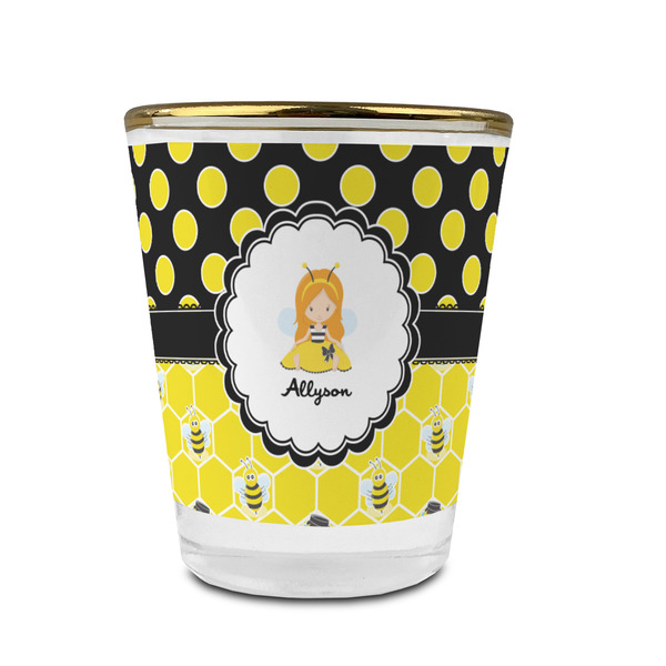 Custom Honeycomb, Bees & Polka Dots Glass Shot Glass - 1.5 oz - with Gold Rim - Single (Personalized)
