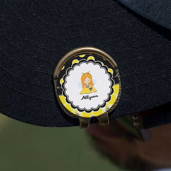 Honeycomb, Bees & Polka Dots Golf Ball Marker Hat Clip - Gold - On Hat